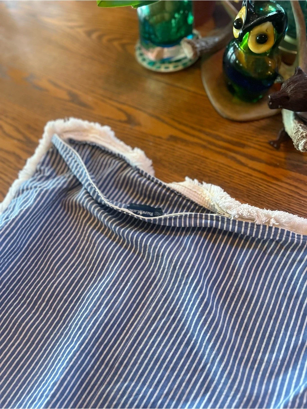 Vintage Ralph Lauren Blue Ticking Stripe Fringe Pillow Cover